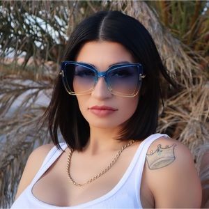 Out-n-About Semi Rimless Cateye Sunglasses with Blue/Tan Gradient Lens and Frame